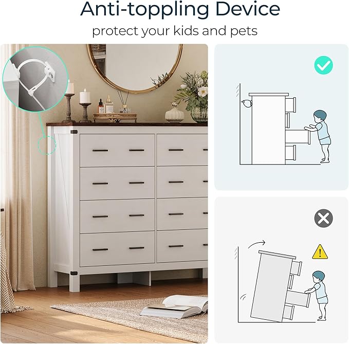 LINSY HOME Farmhouse 8 Drawer Double Dresser for Bedroom, 50” Wide Rustic Wood Chest with Deep Drawers, Modern Dressers with Storage and Metal Handles for Closet, Living Room, Hallway, Off White