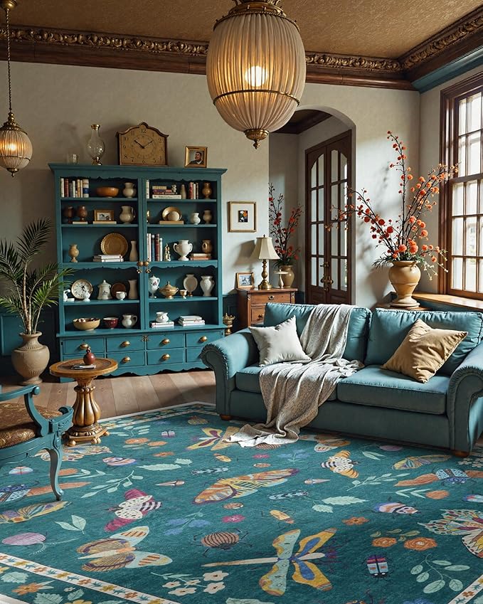 Lahome Insect 9x12 Area Rugs for Living Room Bedroom, Soft Washable Rugs 9x12 Stain Resistant, Ultra-Thin Non-Slip Non-Shedding Accent Carpet for Dining Room Office, Dark Green