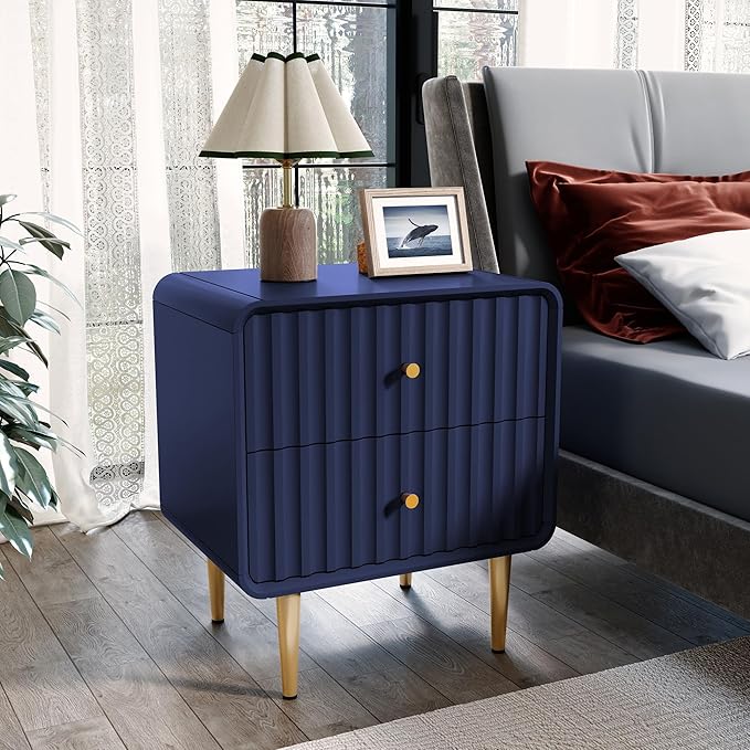 HLR Modern Nightstand Set of 2, Fluted Bed Side Table with 2 Drawers Storage, Wood End Table with Gold Metal Handle, Blue Night Stands for Bedroom