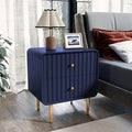 HLR Modern Nightstand, Fluted Bed Side Table with 2 Drawers Storage, Wood End Table with Gold Metal Handle, Blue Night Stands for Bedroom