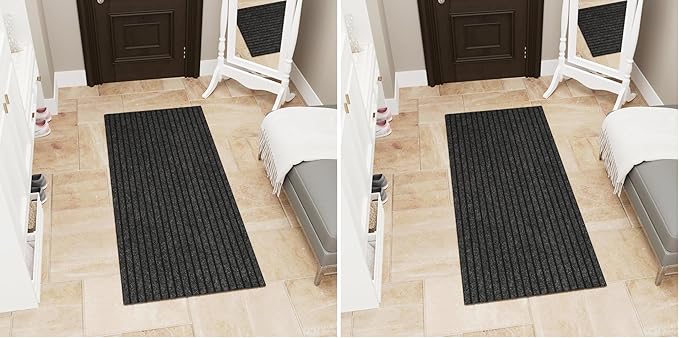 Ottomanson Ribbed Design Non-Slip Rubberback 2x5 Indoor/Outdoor Runner Rug for Hallway, Kitchen, Living Room, Garage, Patio, 2' x 5', Black (Pack of 2)