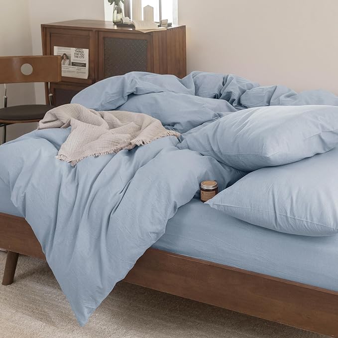 FOSSA Duvet Cover Set 100% Washed Cotton Linen Feel Super Soft Breathable Cozy 3 Pieces Bedding Sets Solid Cornflower Blue Oversized King