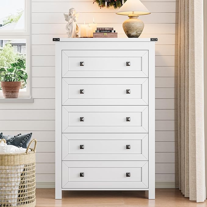 Dresser for Bedroom with 5 Drawers, Tall Wood Chest of Drawers, Modern Farmhouse Closet Clothes Organizer, Storage Tower Cabinet with Metal Handles for Hallway, Living Room, Entryway, White