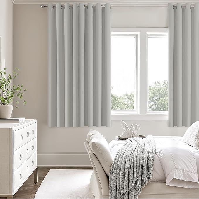 ChrisDowa 100% Blackout Light Grey Solid Curtains 63 Inches Long 2 Panels for Bedroom Living Room,Farmhouse Room Darkening Thermal Insulated Soundproof Grommet Top Window Treatment Drapes,52x63
