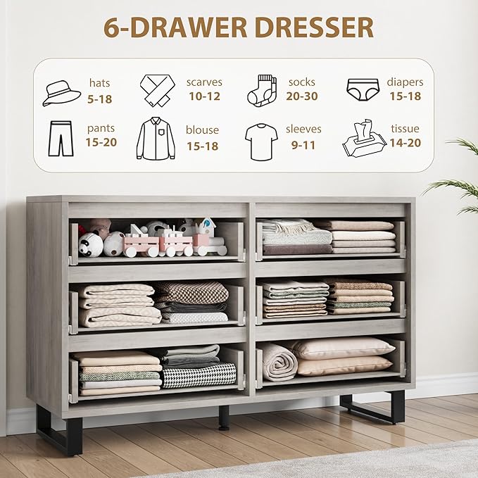 GarveeHome 6 Dresser for Bedroom, 47.2 in Wide Dresser, Freestanding Vertical Drawer Cabinet with Storage, Wooden Closet Storage Chest for Living Room, Hallway, Entryway, Ash Grey