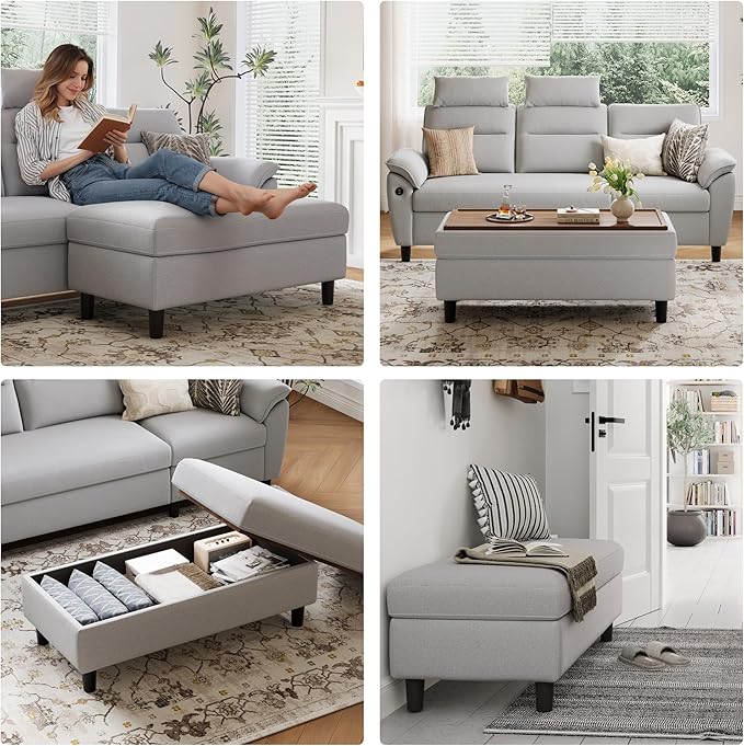LINSY HOME 46 Inches Wide Storage Ottoman Bench, Linen Coffee Table Long Shoes Bench Footstool, Storage Chest, Foot Rest Stool, for The Living Room, Entryway and Family Room (Grey)