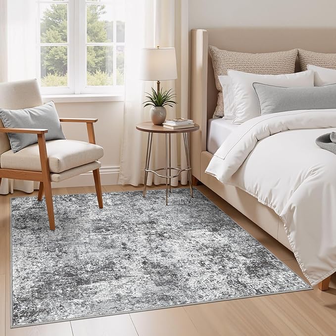 Square Area Rug Living Room Rugs - 6x6 Washable Large Soft Indoor Neutral Modern Abstract Low Pile Rug Carpet for Bedroom Dining Room Farmhouse Home Office - Grey
