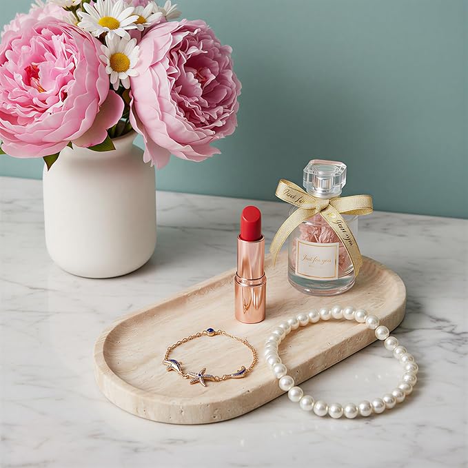 Marble Vanity Tray for Bathroom Counter, 10"x5" Travertine Decorative Tray for Perfume, Candles, Stone Jewelry Dish Tray (Travertine Beige, 9.8X4.7)