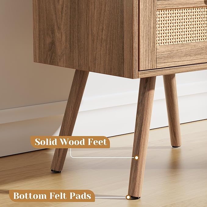 SUPERJARE Nightstand with Charging Station & Rattan-Like Decor Drawer, Rattan End Table with Solid Wood Feet, Bed Side Table with Open Storage, for Bedroom, Living Room, Dormitory, Walnut