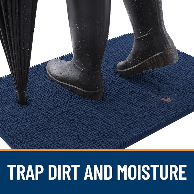 OLANLY Dog Door Mat for Muddy Paws 44x24, Absorbs Moisture and Dirt, Absorbent Non-Slip Washable Doormat, Quick Dry Chenille Mud Mat for Dogs, Entry Indoor Entryway Carpet for Inside Floor, Dark Blue