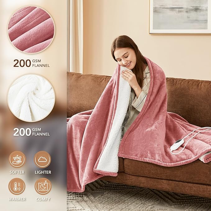 Homemate Electric Heated Blanket Full Size - 72"x84" Heating Blanket Full Size 1/2/4/6/8 Hours Auto-Off 10 Heat Level Over-Heat Protection Flannel Sherpa ETL Certification