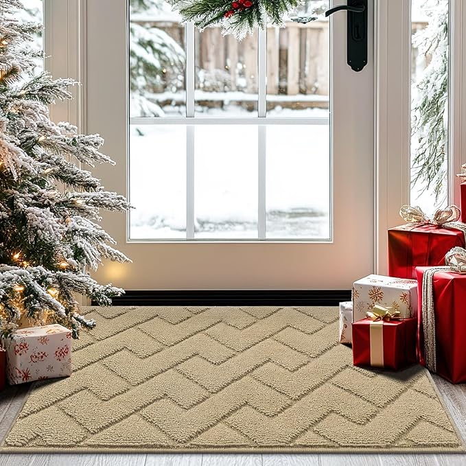 hicorfe Front Door Mat Outside Entrance,20"x31.5" Absorbent Muddy Dirt Resist Welcome Door Mats Outdoor Indoor,Stain and Fade Resistant,Non Slip Backing Entry Mat Doormat for Entryway(Beige)