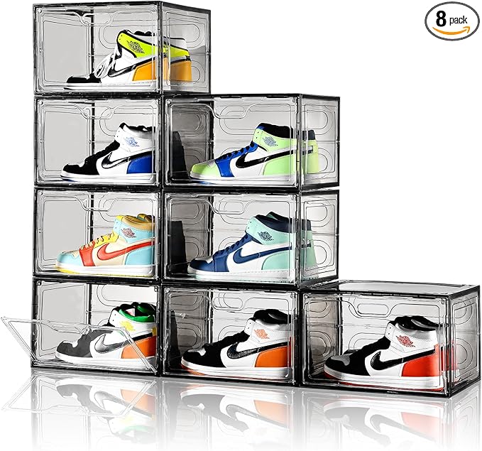 New Gray 8 Pack Shoe Boxes Stackable, Large Shoe Storage Organizer with Lids,Drop Side Shoe Containers for Entryway,Sneaker Storage Fit up to US Size 13 for Men/Women(13’’x 10.6”x 8.3”)