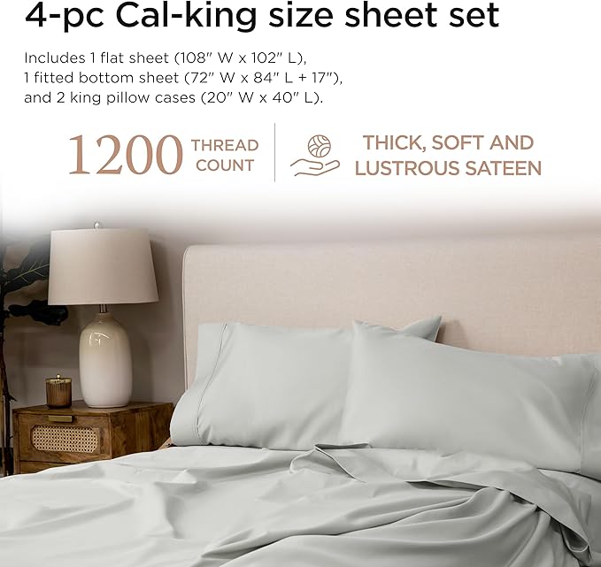 Threadmill Supima Cotton Sheets, 1200 Thread Count Soft 100% Cotton Sheets for Cal King Size Bed, 4 Pc Light Grey Cal King Bed Sheet Set, 5-Star Hotel Quality with Elasticized Deep Pocket King Sheet