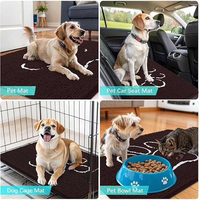 OLANLY Dog Door Mat for Muddy Paws 70x24, Paw Print Design, Absorbs Moisture and Dirt, Absorbent Non-Slip Washable Doormat, Quick Dry Chenille Mud Mat for Dogs, Entry Indoor Entryway Carpet, Brown