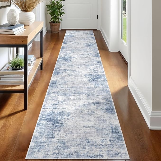 IOHOUZE Abstract Runner Rug 2x12 Ft Washable Runners for Hallways, Non Slip Kitchen Runner Printed Faux Wool Entryway Runner Indoor, Modern Abstract Floor Carpet for Hall Kitchen, Light Blue White