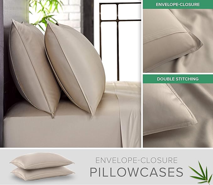 Pure Bamboo Queen Sheets, Genuine 100% Organic Viscose Derived from Bamboo Bed Sheet Set, Luxuriously Soft & Cooling, Double Stitching, 2 Year Quality Promise (Queen, Sand)