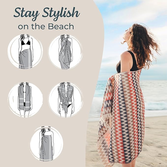 Turkish Beach Towel 35”x67” – 100% Cotton, Quick Dry, Lightweight Oversized Beach Towel for Pool & Travel – Zig Zag Navy Red Color