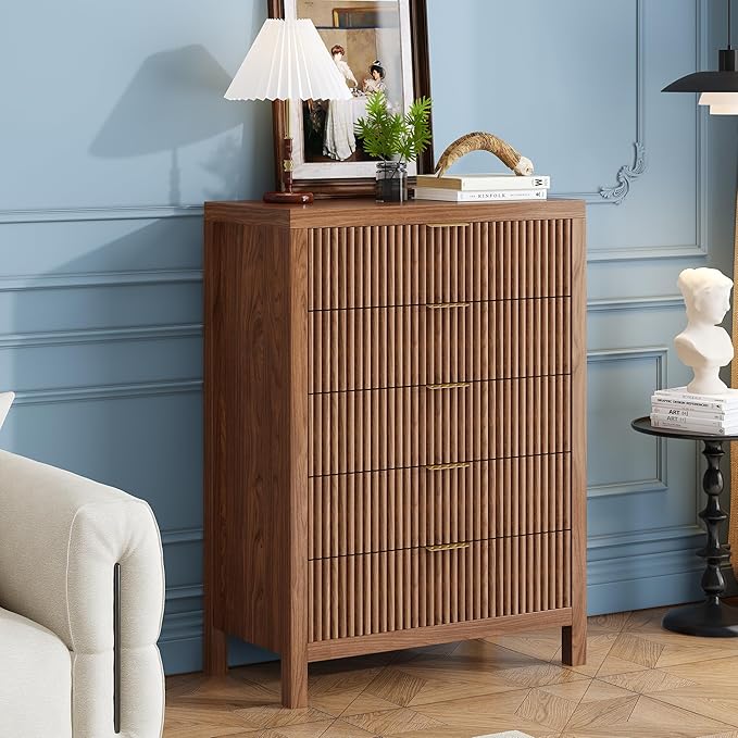 43" 5 Drawer Dresser Tall Dresser Organizer TV Drawer Cabinet Modern Wood Storage Cabinet, Modern Wood Storage Cabinet for Bedroom, Hallway, Entryway, Walnut