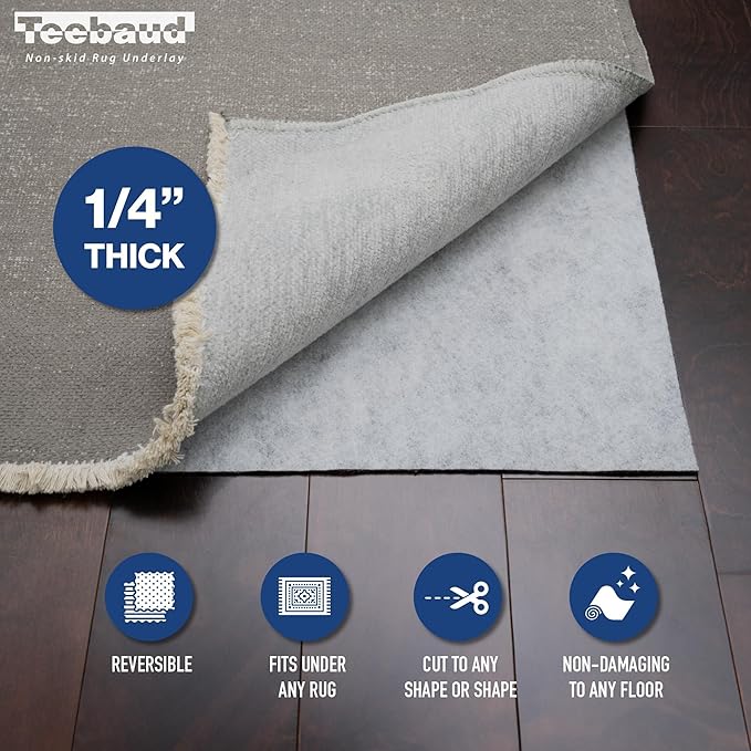 2' x 8' Non-Slip Rug Pad, Reversible Gripper, Non Skid Pads for Hardwood, Vinyl, Tile, Laminate Floors, Keep Area Rugs Secure, Natural Materials Safe for Indoor Flooring, ¼” Thick