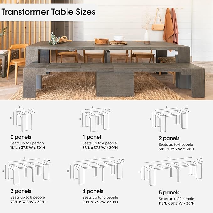 Transformer Table - Solid Wood Extendable Dining Table, Seats 2-12, Extendable Dining Room Table, Space-Saving Furniture, Expandable Dining Furniture (Dark Grey, Table + Bench + Coffee Table)