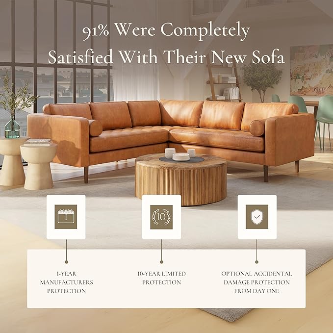 Poly & BARK Napa 98” Leather Corner Sectional Sofa – Full-Grain Italian-Tanned Aniline Leather, Feather-Down Comfort, Solid Wood Frame – Cognac Tan
