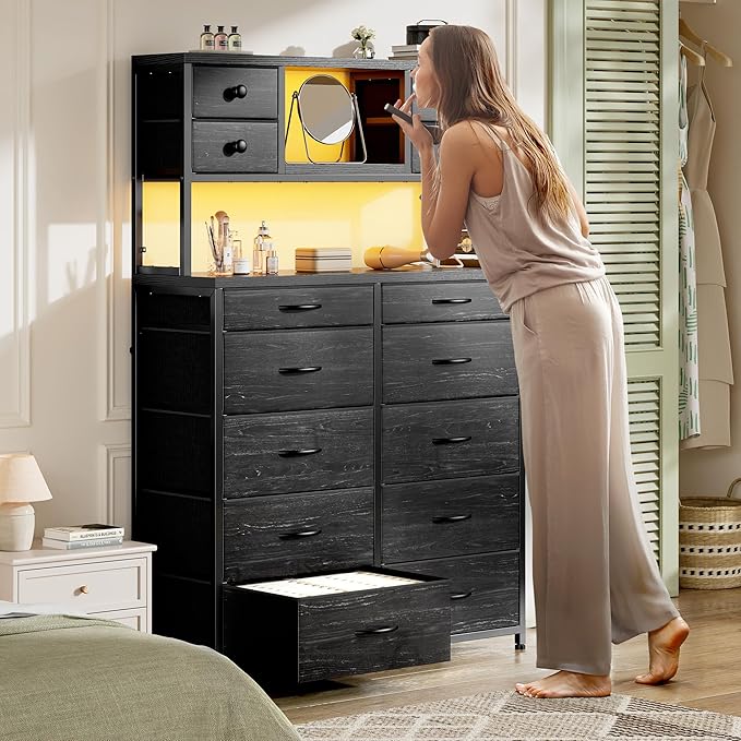 EnHomee Black Dresser with 14 Fabric Drawers, Dresser for Bedroom with Charging Station and LED Lights,Dressers & Chests of Drawers for Bedroom, Steel Frame & Wooden Top, Entryway