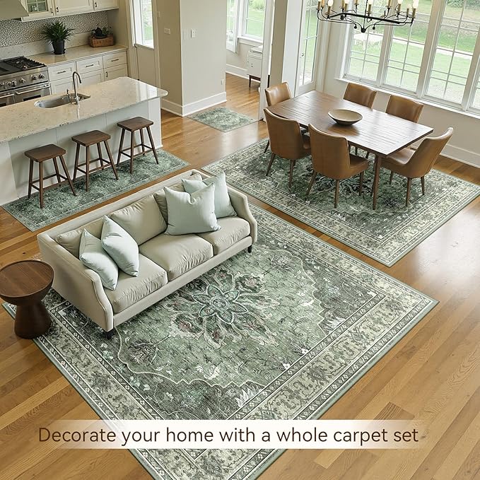 Area Rugs 8'x10' Washable Non-Slip, Floral Vintage Distress Print Pattern Medallion Carpet for Living Room Bedroom Dining Room, Dark Green Gray