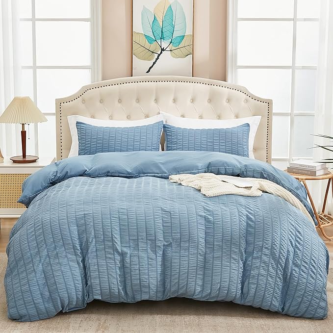 AveLom Seersucker Duvet Cover Set Queen Size Grayish Blue (90 x 90 inches), 3 Pieces (1 Duvet Cover, 2 Pillow Cases), Soft Washed Microfiber Textured Duvet Cover with Zipper Closure, Corner Ties