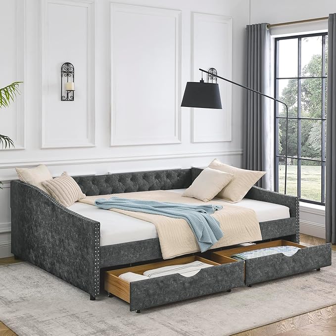 Favfurish Queen Size Daybed with Two Drawers, Upholstered Tufted Sofa Bed with Button on Back and Copper Nail on Waved Shape Arms for Small Space,Livingroom,Bedroom,Grey (84.5"x63.5"x26.5")