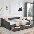 Favfurish Queen Size Daybed with Two Drawers, Upholstered Tufted Sofa Bed with Button on Back and Copper Nail on Waved Shape Arms for Small Space,Livingroom,Bedroom,Grey (84.5"x63.5"x26.5")
