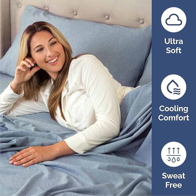 Queen 6 Piece Sheet Set - Cooling & Breathable - Hotel Luxury Bedding, Includes Fitted Sheet for Women, Men, Kids & Teens - 1 Flat, 1 Fitted Sheet, 4 Pillowcases w/Deep Pockets - Heathered Blue