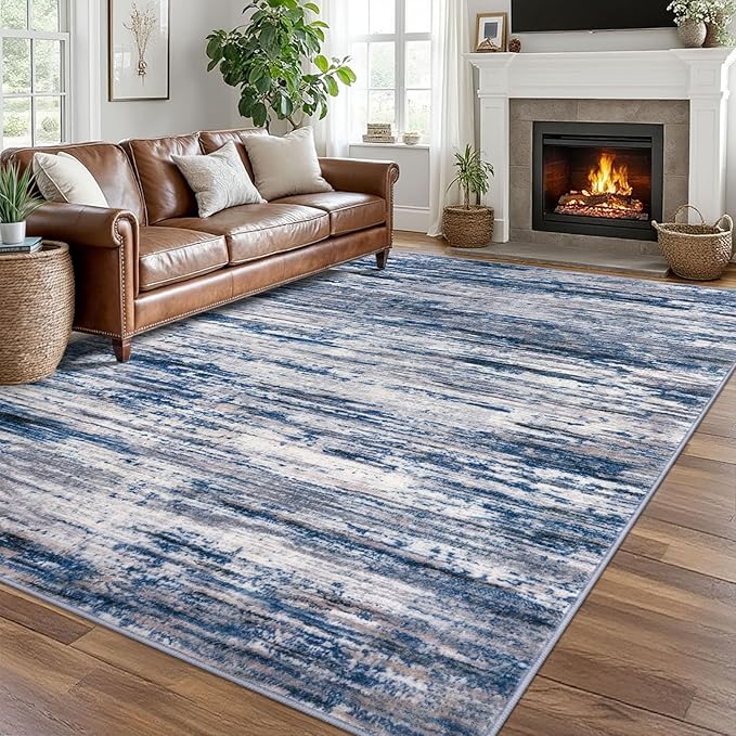 8x10 Modern Abstract Area Rug for Bedroom, Navy Blue Gray Neutral Multi Large Super Soft Washable Rugs with Non-Slip, Non-Shedding Carpet for Living Room, Indoor Door Mat For Office Home Décor