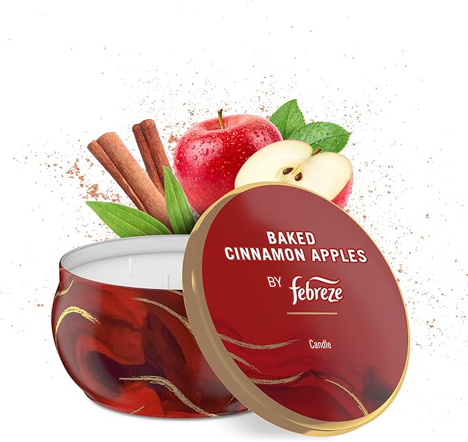 Febreze Scented Candle, Baked Cinnamon Apples Scent, 11 oz 4 Wick Candle, Single Pack