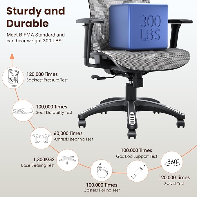 Ergonomic Office Chair, Mesh Computer Desk Chairs with Adjustable Lumbar Support, 3D Armrests, Tilt Function, Comfy Wide Seat, Swivel Executive Work Task Chair for Company and Home