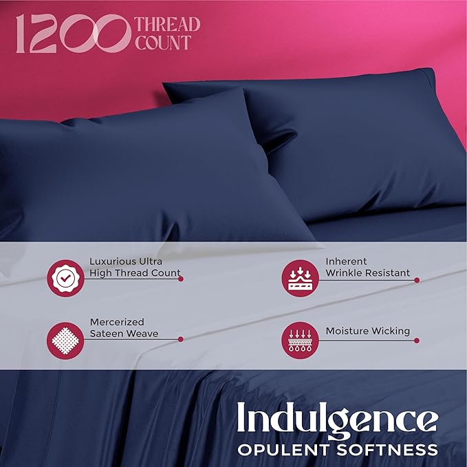 Mayfair Linen 100% Egyptian Cotton Queen Sheet Set - Luxury 1200 High Thread Count Egyptian Cotton Sheets Queen Size (4 PC, Navy Blue), Silky Soft, Cooling, 17" Deep Pocket Sateen Weave Hotel Bedding