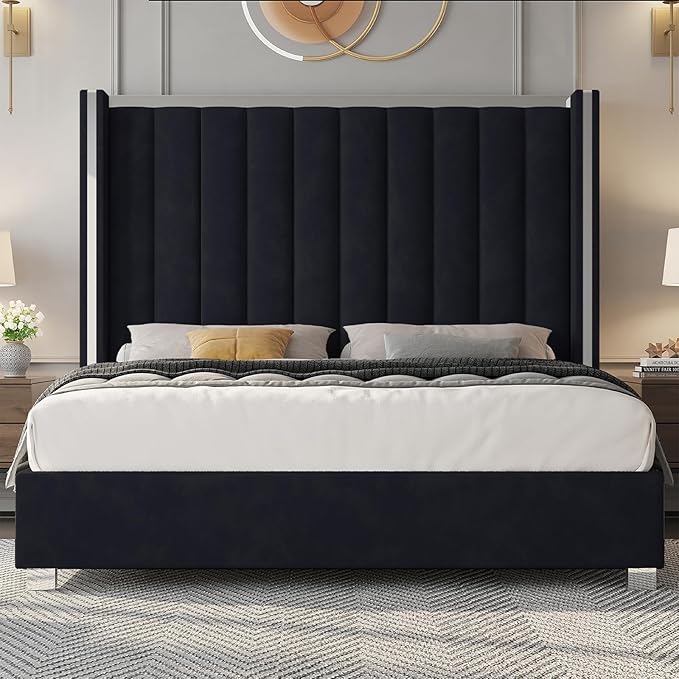 Jocisland King Size Bed Frame with 58" Tall Headboard, Velvet Upholstered Platform Bed with Channel Tufted Wingback Headboard and Plating Trim, No Box Spring Needed, Black