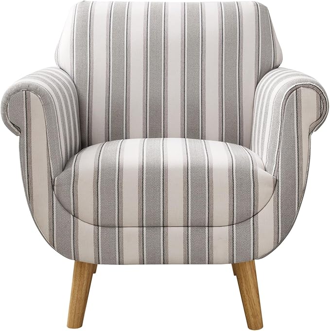 VANOMi Mid-Century Accent Chair with Stripe Pattern, Modern Linen Fabric Armchair with Wood Legs, Club Chair for Living Room, Comfy Upholstered Side Chairs for Bedroom, Reading, Small Place (Grey)