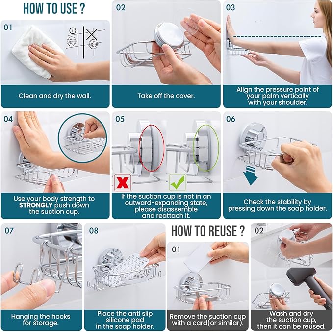 TAILI Bar Soap Holder Suction Cup with Hooks and Silicone Soap Saver Pad for Bath Shower Wall, Shampoo Caddy for Bathroom, Tub, Kitchen, Rustproof Stainless Steel Sponge Holder, Silver