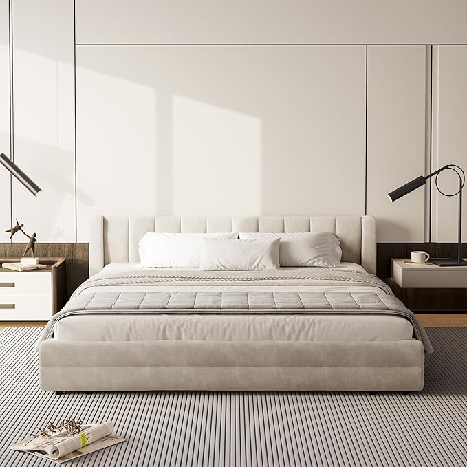 DEINPPA King Size Bed Frame with 4 Storage Drawers and Cloud Soft Headboard, Chenille Upholstered Grounded Wood Base Bed Frame, No Box Spring Needed-Beige