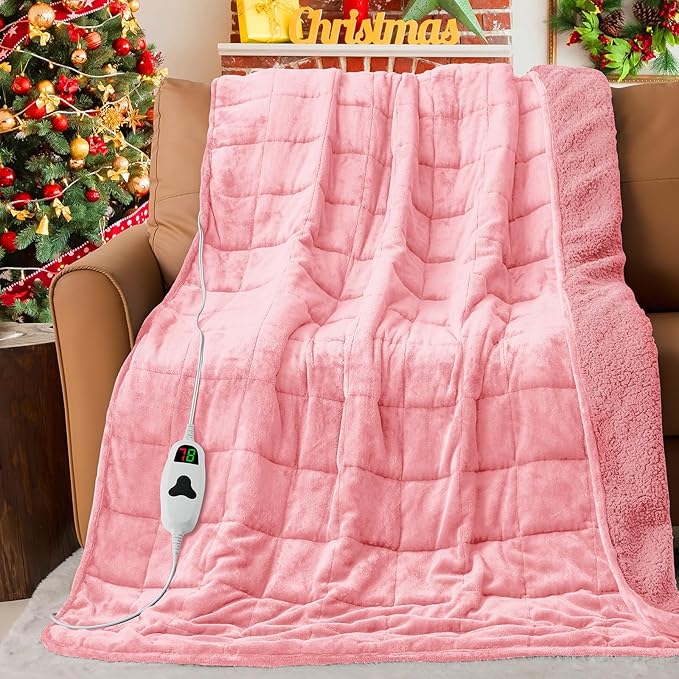 CYMULA Heated Weighted Blanket for Adults, Weighted Heated Blanket 48" x 72", 15lbs Sherpa Fleece Weighted Electric Blanket Soft Heating Blanket with 10 Heating Levels & 1-8 Hours Auto Off, Pink