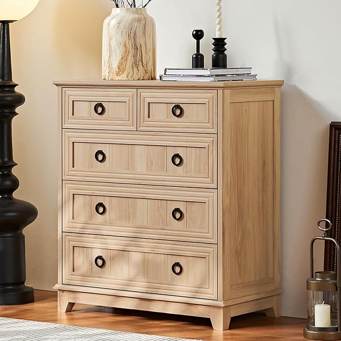 Farmhouse 5 Drawer Dresser for Bedroom, 33.2" Tall Small Dressers & Chest of Drawers, Rustic Wood Dresser with Metal Handle, Storage Organizer Closet for Living Room, Hallway, Entryway
