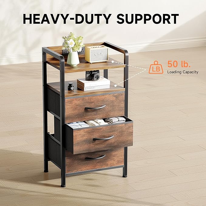 Night Stand Bedside Table Bedroom - Nightstand with Charging Station & LED Light Strip, Bed Side End Table with Storage Shelf & 3 Fabric Drawers, U-S-B Ports & AC Outlets, Rustic Brown