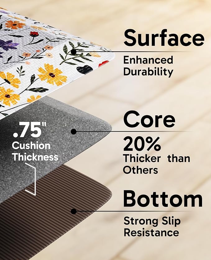 Ophanie Kitchen Mats for Floor, 3/4 inch Thick, 20x32 Anti Fatigue Cushioned Mat, Kitchen Rugs, Waterproof, Comfort Ergonomic Standing Mat for Office, Home, Sink, White Flower Non-Slip Ridged Bottom