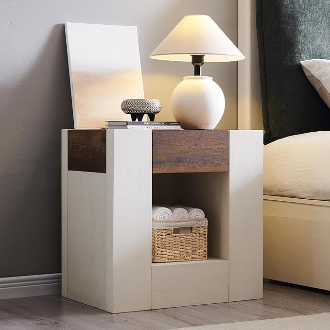 OKD 24'' Modern Nightstands Set of 2, Large Wooden End Table with Charging Station & Drawer & Storage Shelf, Rustic Square Bedside Table for Bedroom, Living Room, Wood Thick Design,Antique White