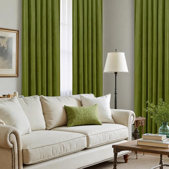 LAMIT Velvet Curtains 90 Inch Length for Living Room, Vintage Thermal Insulated Room Darkening Drapes Super Soft Back Tab and Rod Pocket Window Panels for Bedroom, 2 Panels, Moss Green, 52 x 90 Inch