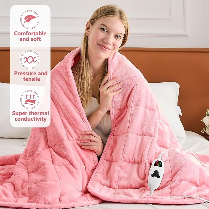 CYMULA Heated Weighted Blanket for Adults, Weighted Heated Blanket 48" x 72", 15lbs Sherpa Fleece Weighted Electric Blanket Soft Heating Blanket with 10 Heating Levels & 1-8 Hours Auto Off, Pink
