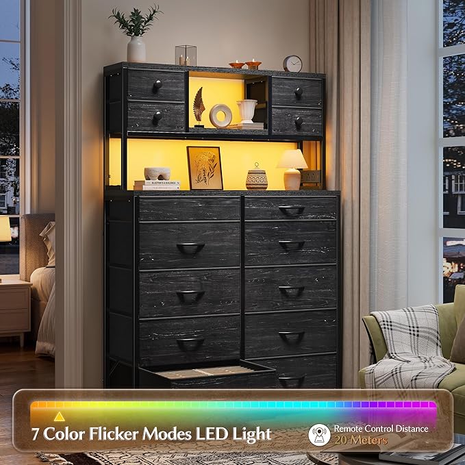 EnHomee Black Dresser with 14 Fabric Drawers, Dresser for Bedroom with Charging Station and LED Lights,Dressers & Chests of Drawers for Bedroom, Steel Frame & Wooden Top, Entryway