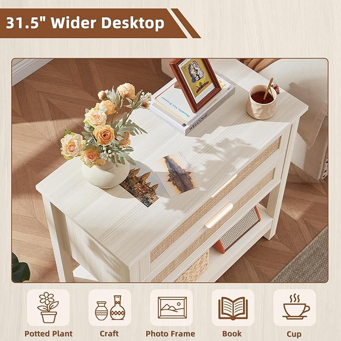 LEYAOYAO 31.5" Wide Rattan Night Stands Set 2, Oversized Large Boho Nightstand with 2 Drawer, Grey White Bed Side End Tables with Storage Shelf, Tall Bedside Table for Bedroom Living Room, Hallway