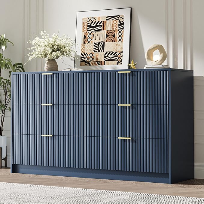 6 Drawer Dresser for Bedroom, 55" Wide Modern Chest of Drawers with Gold Metal Handles, Fluted Wood TV Stand for Living Room, Hallway(Navy Blue)